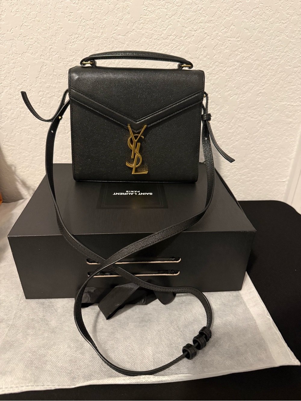 Saint Laurent Black Leather Top-Handle Crossbody with Gold YSL Emblem